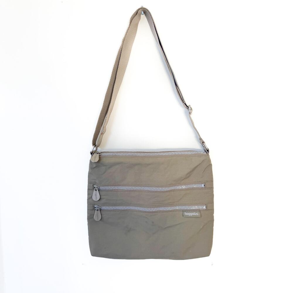 Baggallini Crossbody Bag Tan Beige Nylon Multi-Zip Travel Purse 10x12x1"